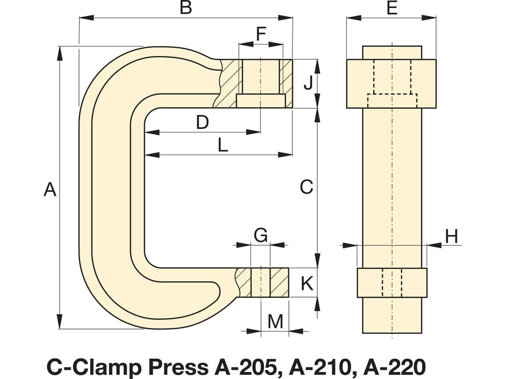 Hydraulický lis A205, 5 tun, C-Clamp – Rozměry produktu (mm)