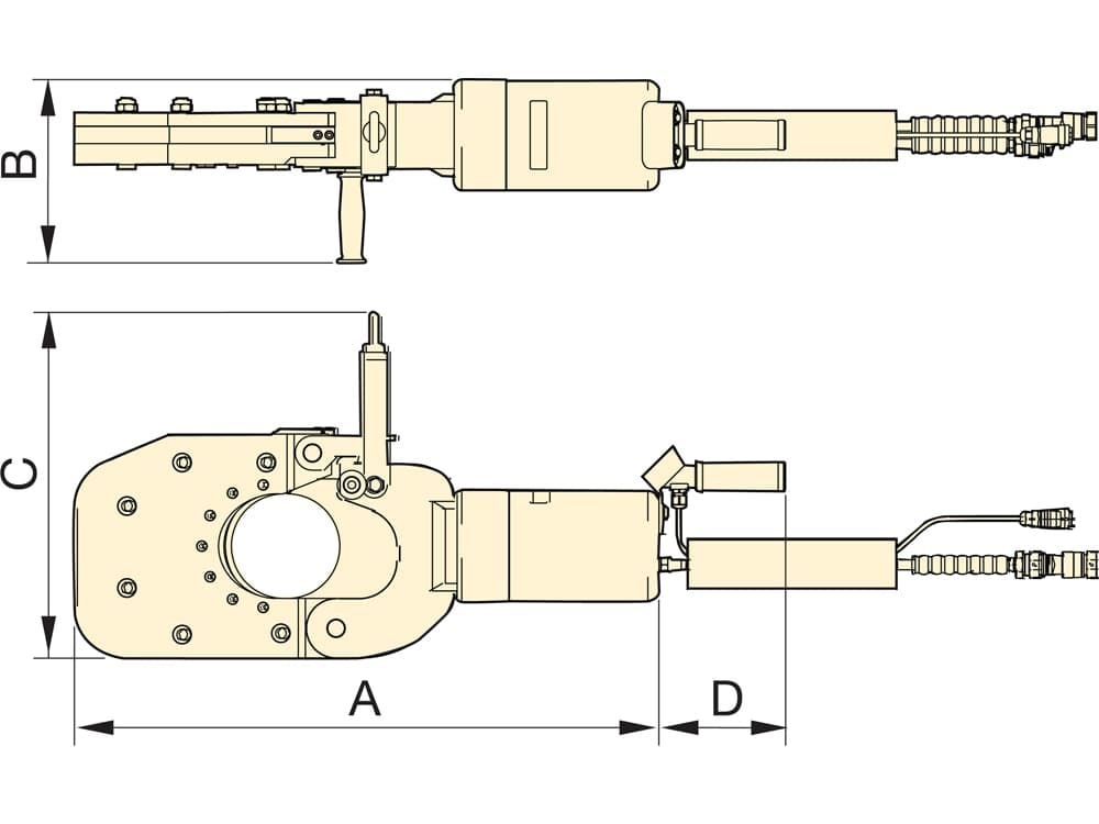 EWCH140, Kapacita 61,8 tun, Hydraulický střihač drátů a kabelů, Maximální průměr materiálu 140 mm – Rozměry produktu (mm)