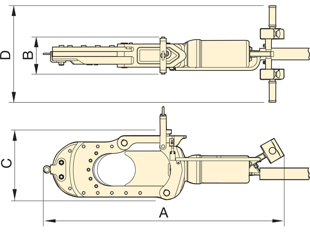 EWCH180, Kapacita 89,0 tun, Hydraulický střihač drátů a kabelů, Maximální průměr materiálu 180,1 mm – Rozměry produktu (mm)