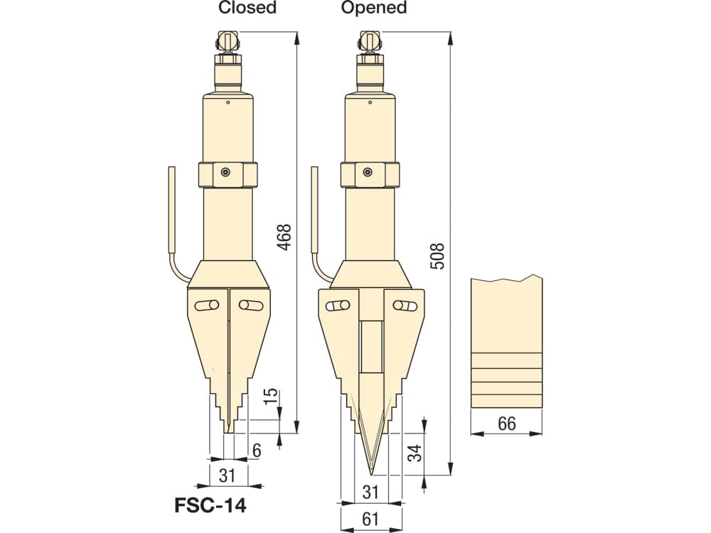 FSC14, 14 Tonnen, integrierter hydraulischer Keilspreizer, integrierte Handpumpe, 3,16 Zoll maximale Spreizung – Produktabmessungen (mm)
