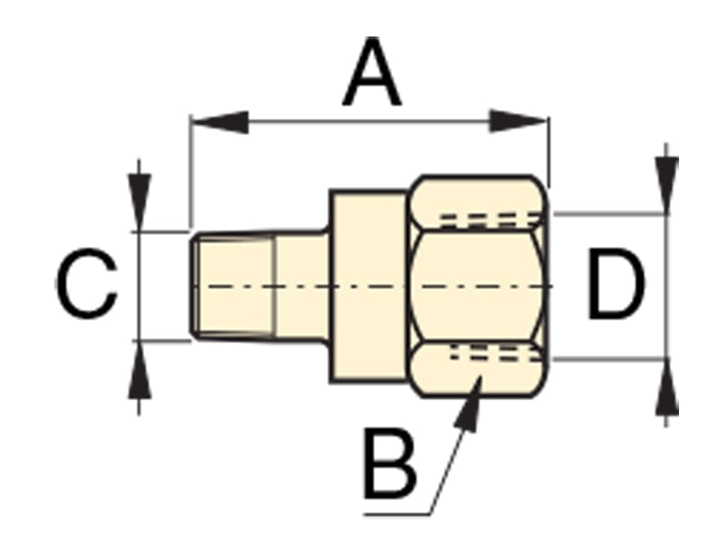 FZ1634, Hochdruckanschluss, Adapter, 10.000 psi maximaler Betriebsdruck, Anschluss von 1/2" NPTF-Innengewinde auf 3/8" NPTF-Außengewinde – Produktabmessungen (mm)