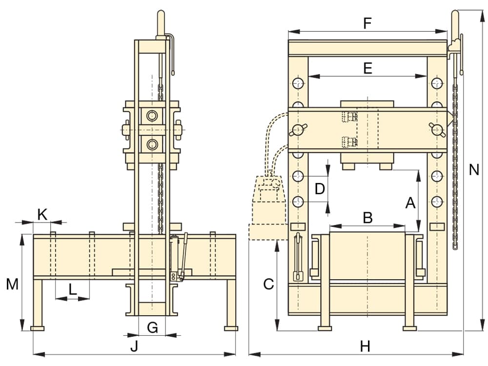 Hydraulický lis IPR5075, 50 tun, s válcovým rámem s dvojčinným válcem RR5013 a elektrickým čerpadlem ZE4420SBN – Rozměry produktu (mm)