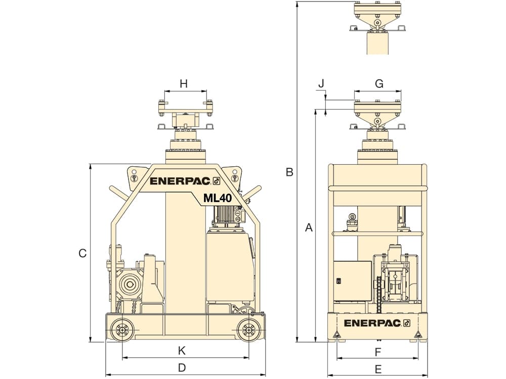 ML40E, 45 Tonnen, tragbares hydraulisches Portal, 230 VAC – Produktabmessungen (mm)