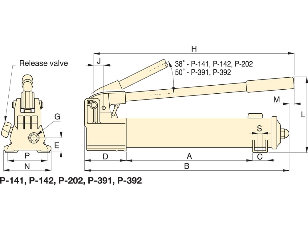 P142, dvoustupňové, lehké hydraulické ruční čerpadlo – Rozměry produktu (mm)