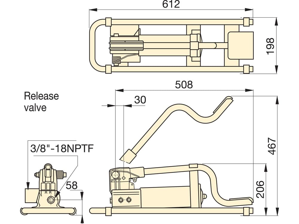 P392FP, zweistufige, leichte hydraulische Fußpumpe – Produktabmessungen (mm)