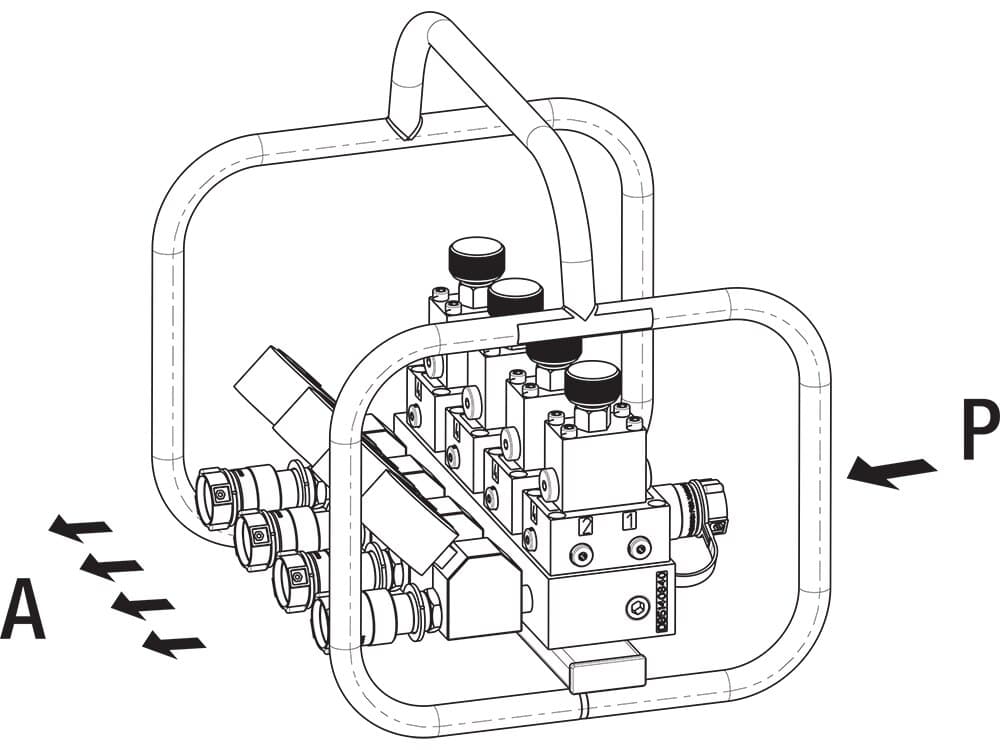SFM41, Split Flow Hydraulic Manifold with Gauges and Frame, For Single-Acting Cylinders – Product Dimensions (mm)