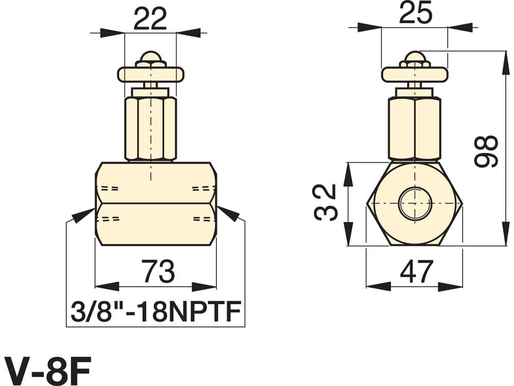 V8F, Nadelventil, 3/8 Zoll NPTF-Ölanschluss, Feindosierung – Produktabmessungen (mm)