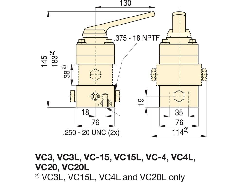VC3, Remote Mounted Directional Control Valve, Manual, 3-way, 3-position, Tandem Center – Product Dimensions (mm)