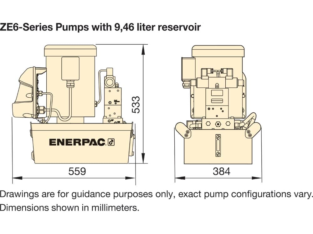 ZE6210XG-S, elektrické hydraulické čerpadlo pro střihače EDCH, manuální ventil, 2,5 galon použitelný olej, 208-240 V - 3 ph motor – Rozměry produktu (mm)