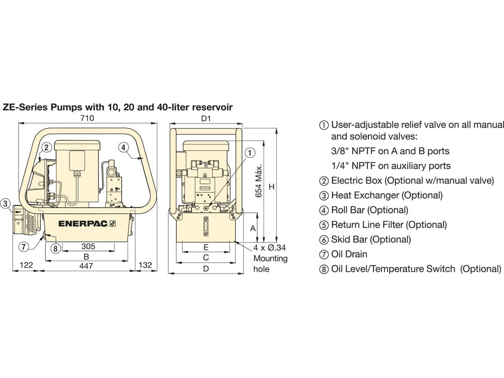 ZE4320MB, elektrische Hydraulikpumpe, 3/3-Handventil, ohne Schaltkasten oder LCD, 5,0 Gallonen nutzbares Öl, 115 V – Produktabmessungen (mm)