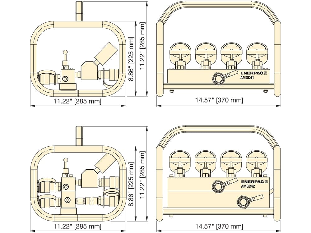 AMGC42, Split Flow Hydraulic Manifold with Gauges and Frame, For Double-Acting Cylinders – Product Dimensions (mm)