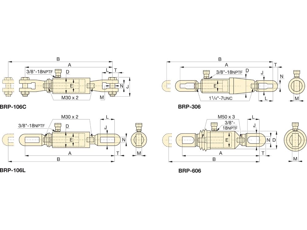 BRP306, 35,95 Tonnen Kapazität, 154 mm Hub, hydraulischer Zugzylinder – Produktabmessungen (mm)