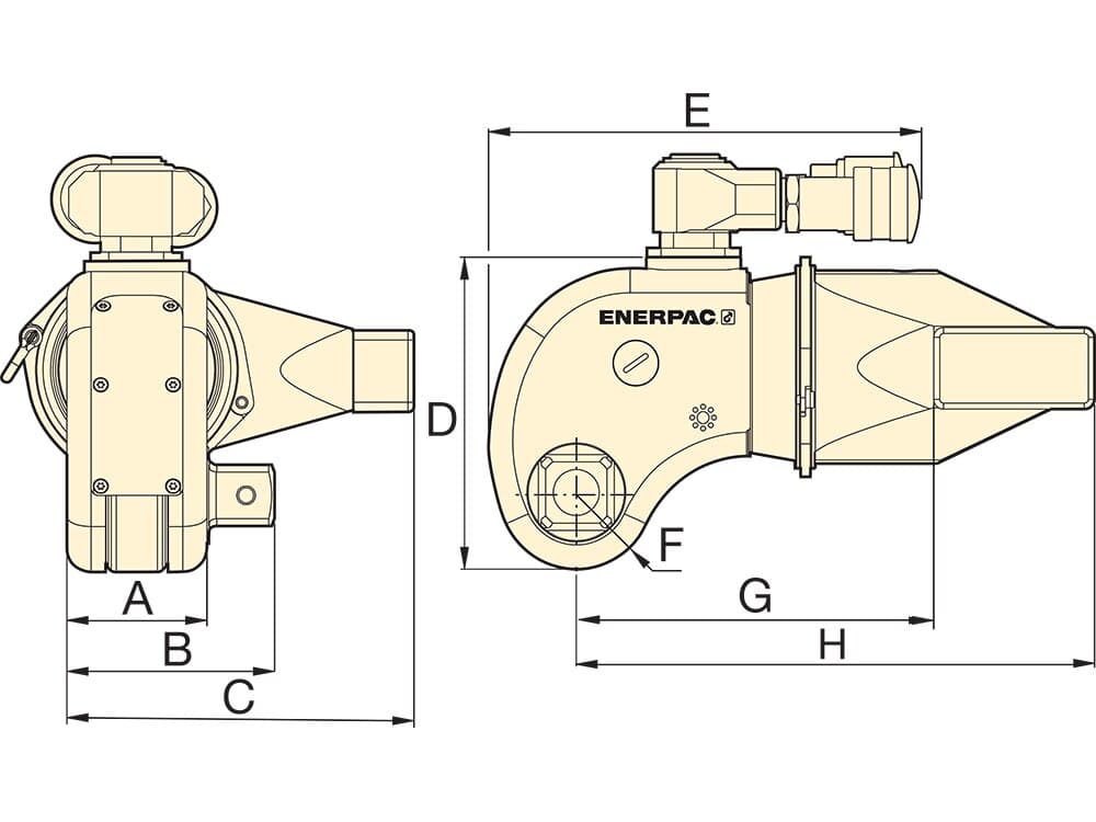 DSX5000, hydraulischer Aluminium-Drehmomentschlüssel mit Vierkantantrieb, 5.635 ft. lbs. Drehmoment, 1 1/2 Zoll Vierkantantrieb – Produktabmessungen (mm)