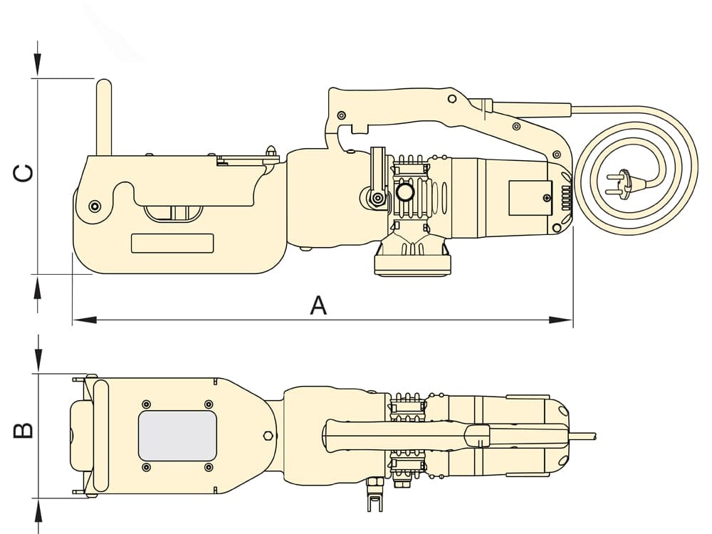 ECCE32B, kapacita 52,9 tun, elektrický řetězový střihač, maximální průměr materiálu 31,8 mm, 120 V – Rozměry produktu (mm)