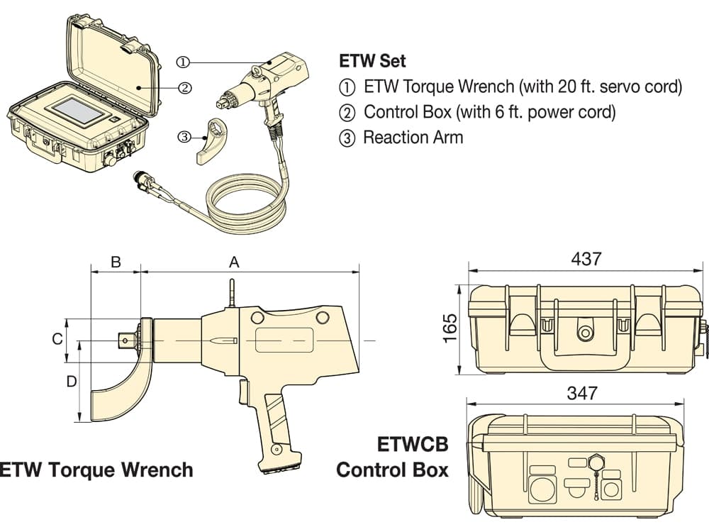 ETW3000I, elektrischer Drehmomentschlüssel, inklusive Steuerkasten, 3000 ft. lbs. Drehmoment, 1 Zoll Vierkantantrieb, 230 V, 60 Hz – Produktabmessungen (mm)