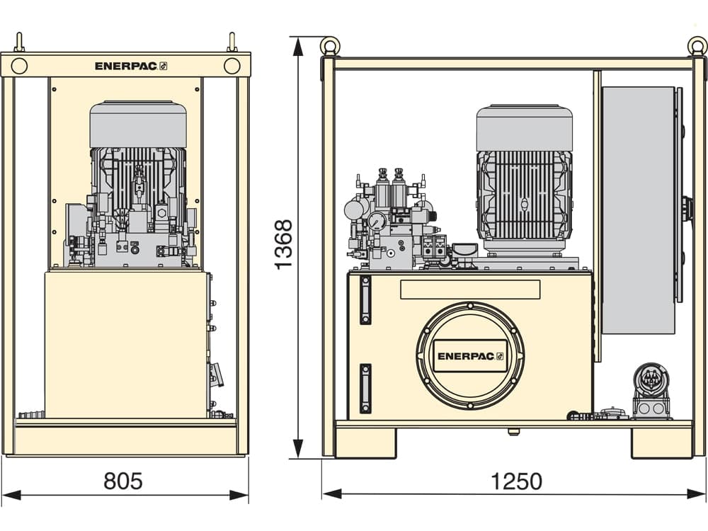 EVOP140150J, Synchrones Hebesystem mit Pumpe pro Punkt, 10 PS, 460 V – Produktabmessungen (mm)