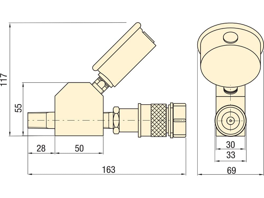 GA45GC, 45 Grad abgewinkelte Messgeräteadapterbaugruppe – Produktabmessungen (mm)