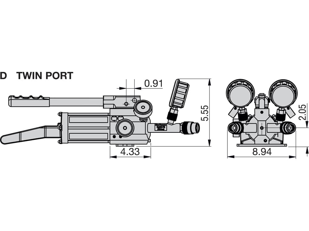 HP550DMINEX, zweistufige, hydraulisch abgedichtete Handpumpe mit zwei Anschlüssen, Manometer und Adapter, ATEX-zertifiziert – Produktabmessungen (mm)