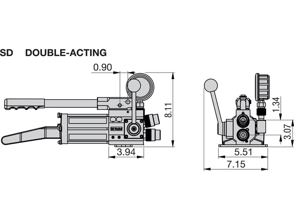HP350SDMIN, hydraulisch abgedichtete Handpumpe mit zwei Geschwindigkeiten, zwei Anschlüssen, Manometer und Adapter, zur Verwendung mit doppeltwirkenden Werkzeugen – Produktabmessungen (mm)