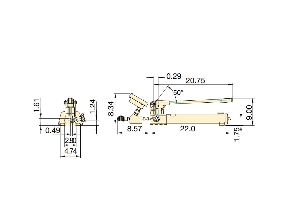 HPT1500, hydraulische Hochdruck-Handpumpe mit zwei Geschwindigkeiten und Manometer, 21.750 psi – Produktabmessungen (mm)