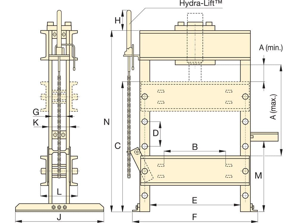 Hydraulický lis IPA3071, 30 tun, H-rám s dvojčinným válcem RR3014 a vzduchovým čerpadlem PAM1042 – Rozměry produktu (mm)