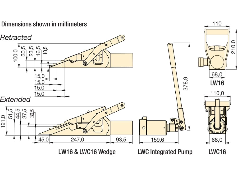 LW16, 16 Tonnen, vertikaler Hebekeil, 21 mm Hubhöhe – Produktabmessungen (mm)