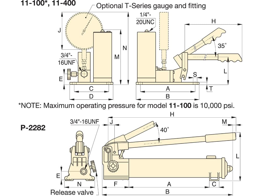 11100, einstufige, hydraulische Ultrahochdruck-Handpumpe, 10.000 psi – Produktabmessungen (mm)