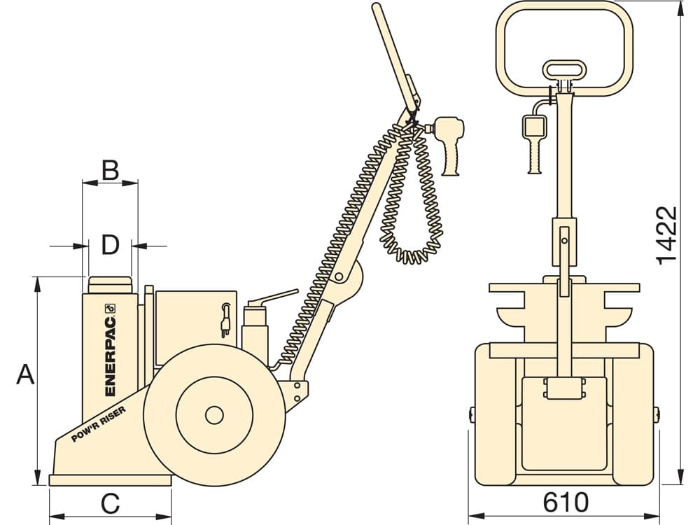 PRASA15016L, 150 Tonnen, 394 mm Hub, pneumatischer POW'R-RISER-Heber – Produktabmessungen (mm)