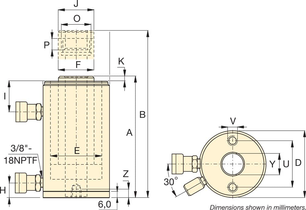 RARH1502, 150 Tonnen Tragfähigkeit, 50 mm Hub, doppeltwirkender Aluminium-Hohlkolben-Hydraulikzylinder – Produktabmessungen (mm)