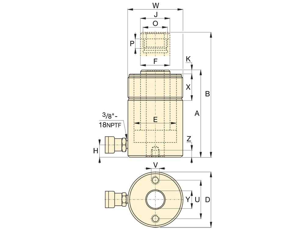 RCH302, 36,1 Tonnen Kapazität, 64 mm Hub, einfachwirkender Hohlkolben-Hydraulikzylinder – Produktabmessungen (mm)