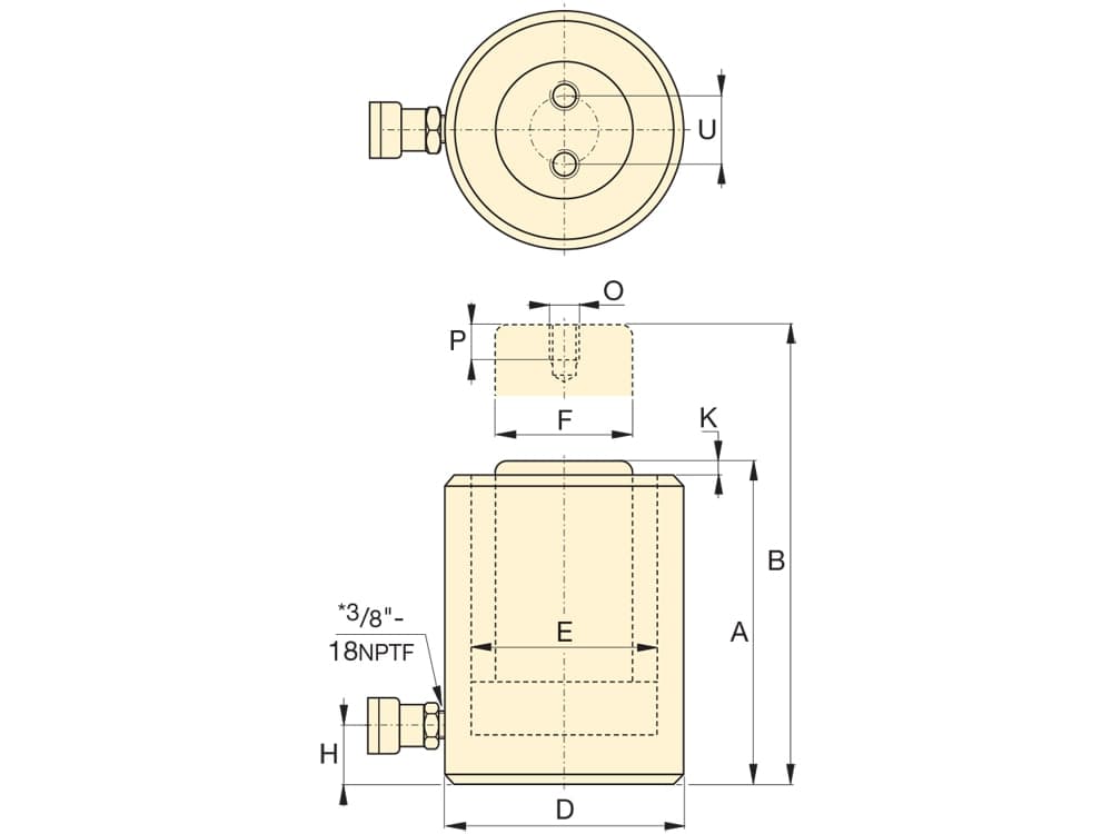 RCS502, 48,1 Tonnen Kapazität, 60 mm Hub, Hydraulikzylinder mit geringer Höhe – Produktabmessungen (mm)