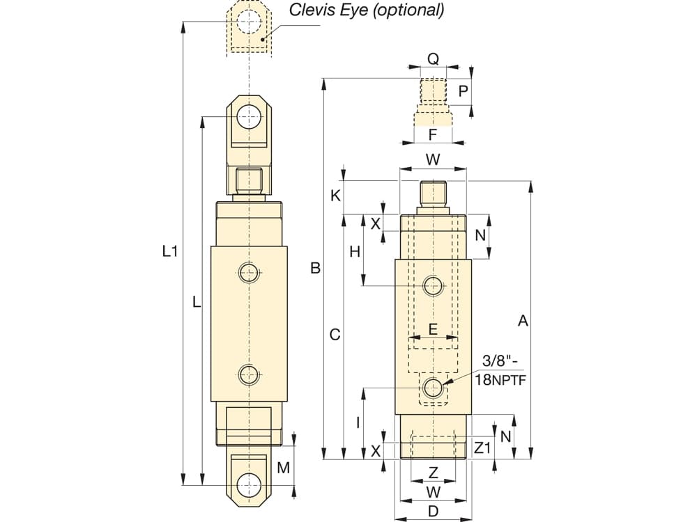 RD256, 25 Tonnen Tragfähigkeit, 159 mm Hub, doppeltwirkender Allzweck-Hydraulikzylinder – Produktabmessungen (mm)