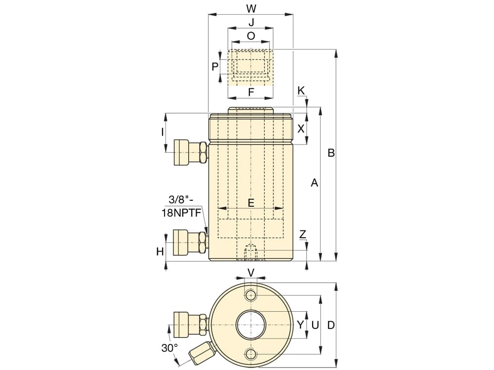 RRH307, 30 Tonnen Tragfähigkeit, 178 mm Hub, doppeltwirkender Hohlkolben-Hydraulikzylinder – Produktabmessungen (mm)