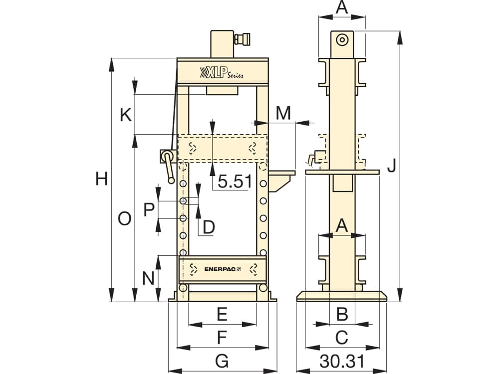 XLP256P392U, 25 tun, dílenský hydraulický lis s jednočinným válcem RC256 a ruční pumpou P392 – Rozměry produktu (mm)