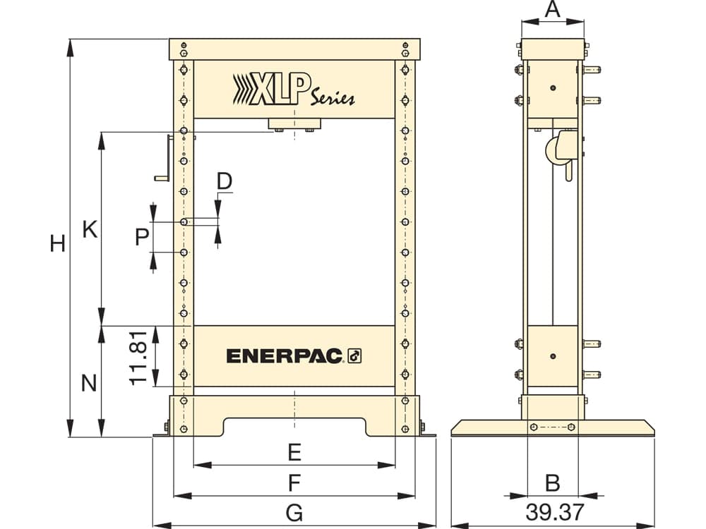 XLP506P802U, 50 tun, dílenský hydraulický lis s jednočinným válcem RC506 a ruční pumpou P802 – Rozměry produktu (mm)
